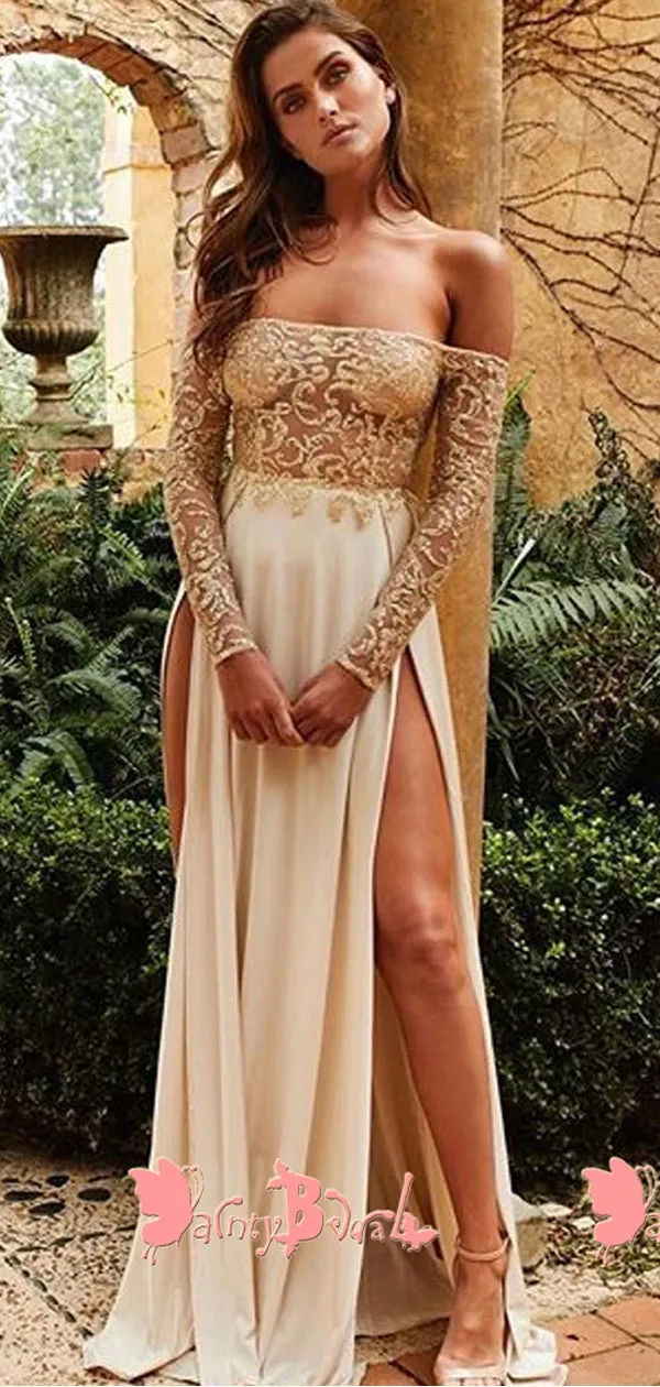 Off Shoulder Long Sleeve Straight Neckline Sexy High Side Split See-through Lace  Prom Dresses. DB1060