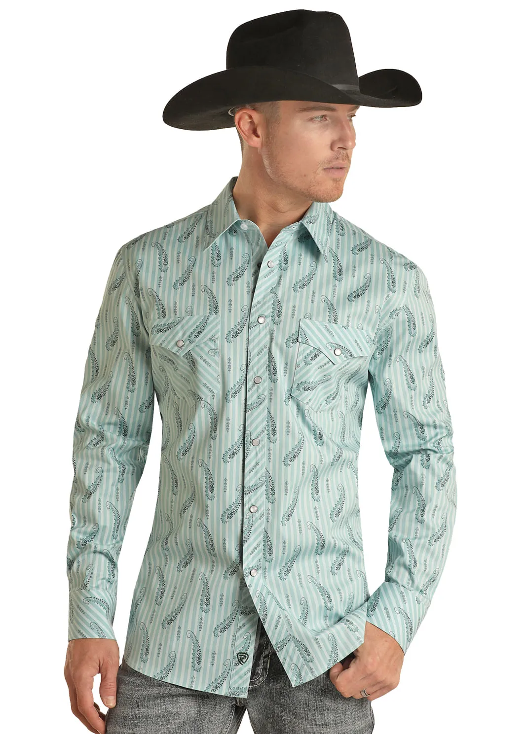 Panhandle Slim Mens Turquoise Slim Fit Long Sleeve