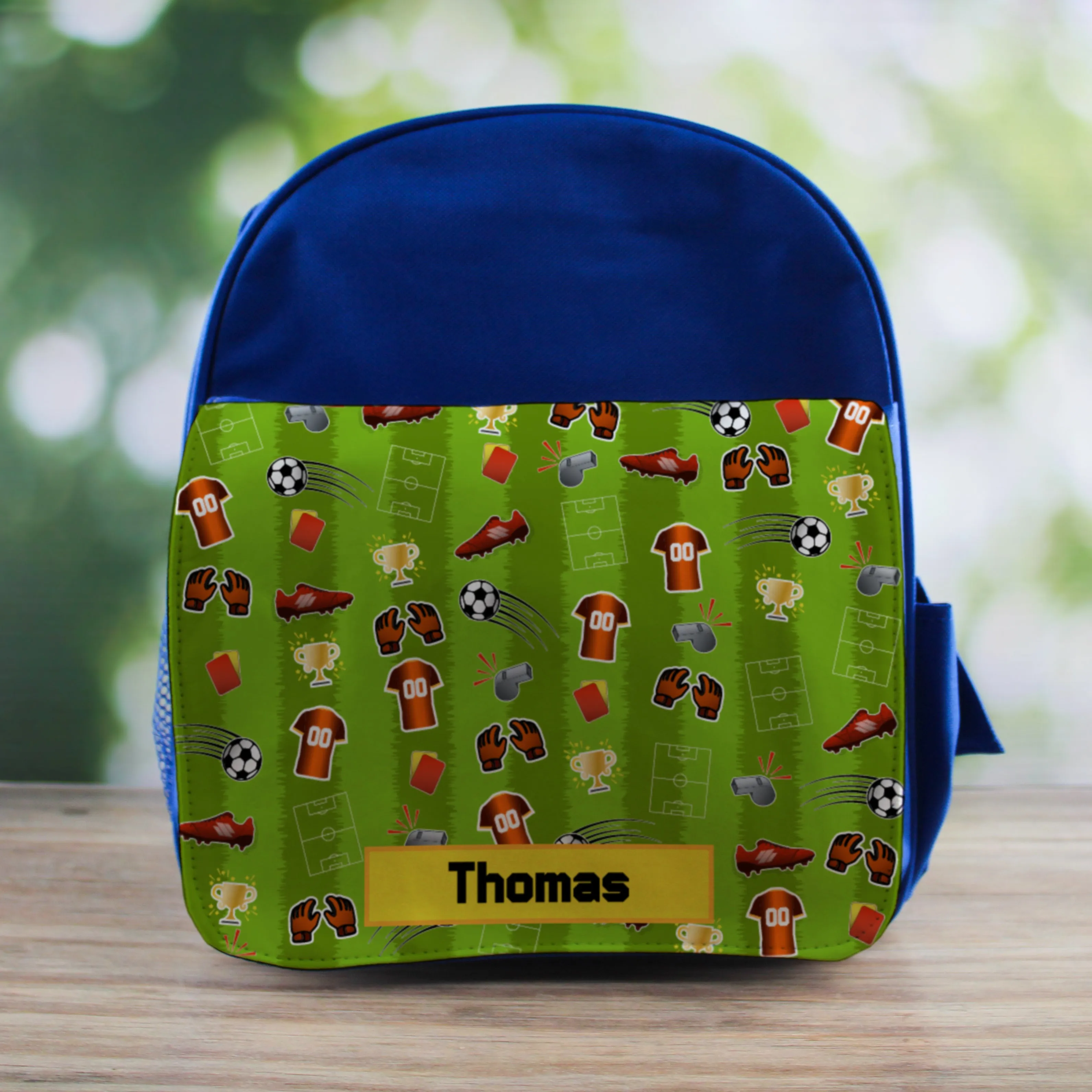 Printed Kids Blue Backpack with Football Pitch Design, Customise with Any Name