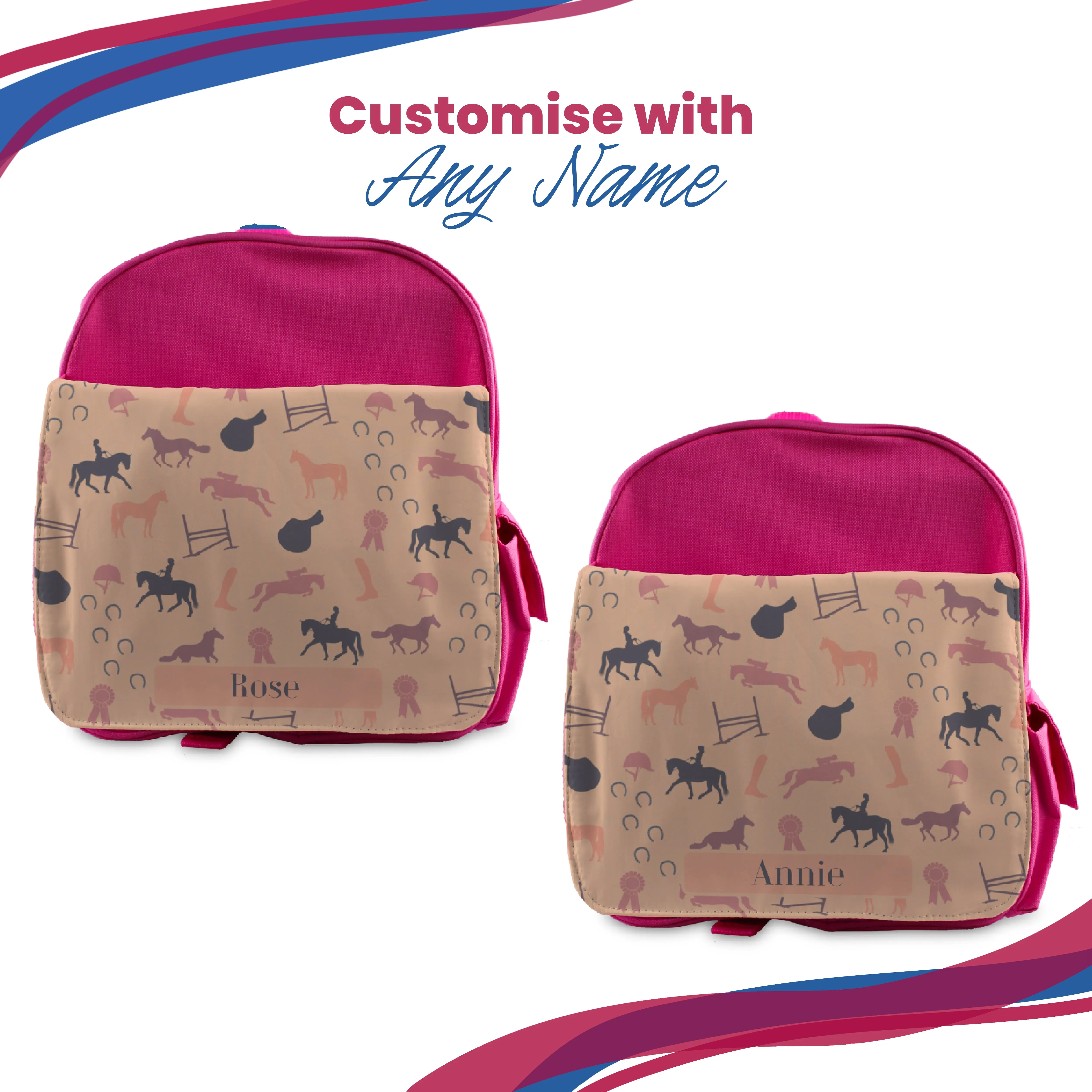 Printed Kids Pink Backpack with Horse Riding Design, Customise with Any Name