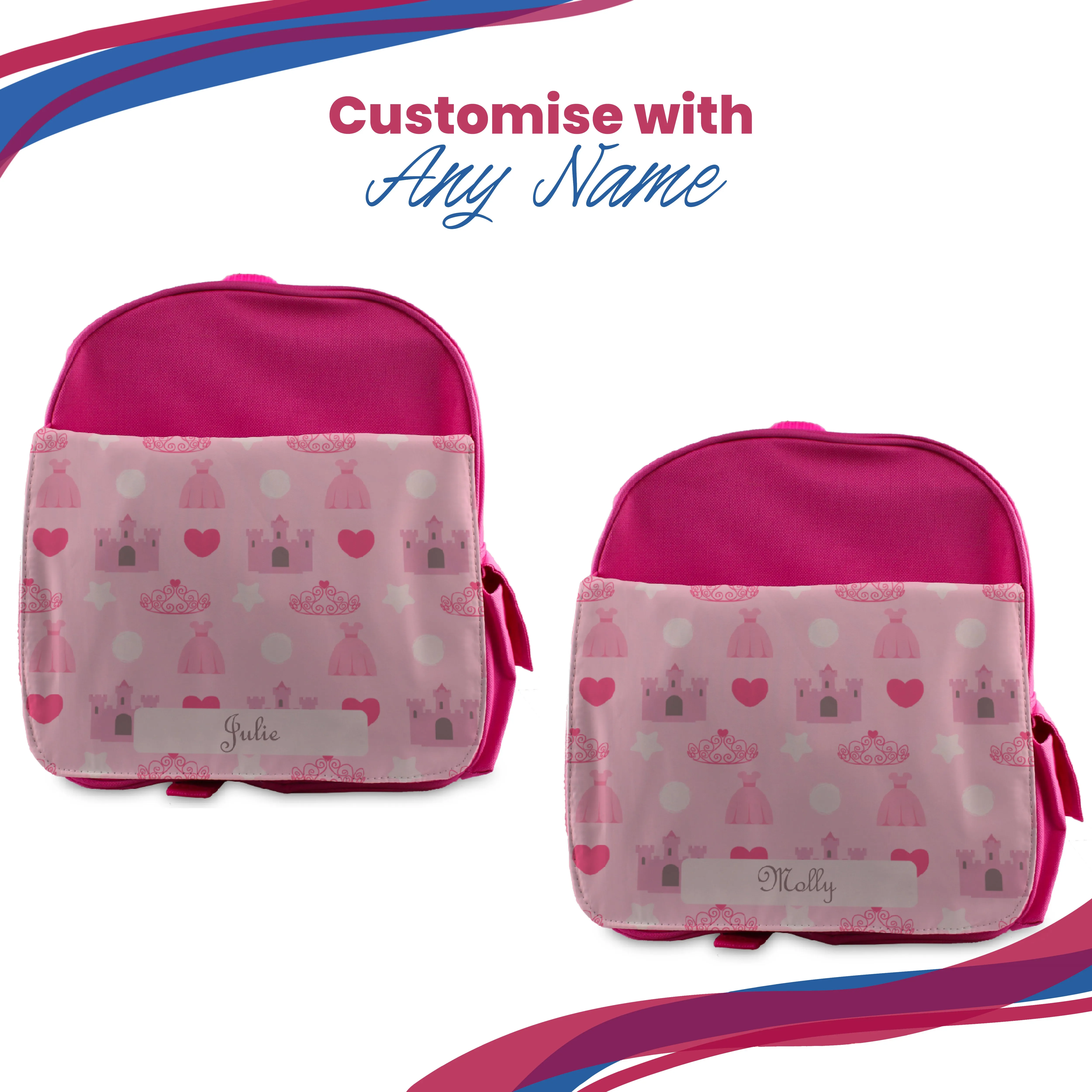 Printed Kids Pink Backpack with Princess Design, Customise with Any Name