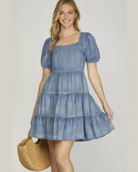 Puff Sleeve Square Neck Tiered Dress