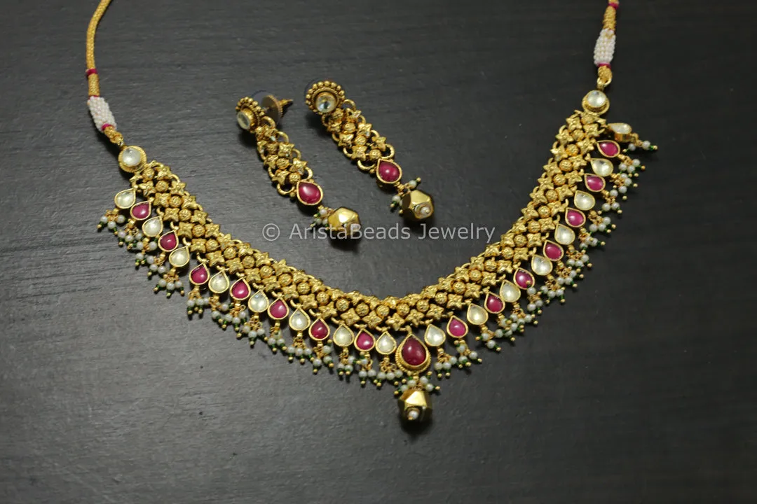 Real Gold Look Kundan Necklace Set