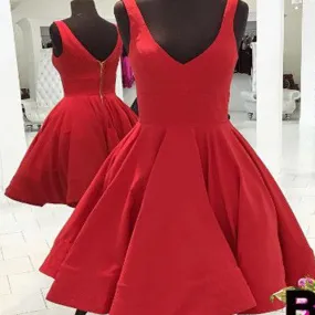 Red simple v-neck freshman A-line cheap homecoming dress,BD00141