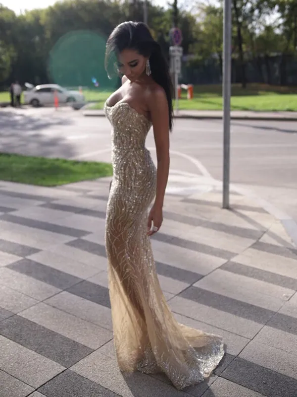 Romantic Mermaid Champagne Sequins Long Prom Dresses Evening Dress, OL837