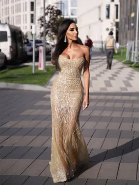 Romantic Mermaid Champagne Sequins Long Prom Dresses Evening Dress, OL837