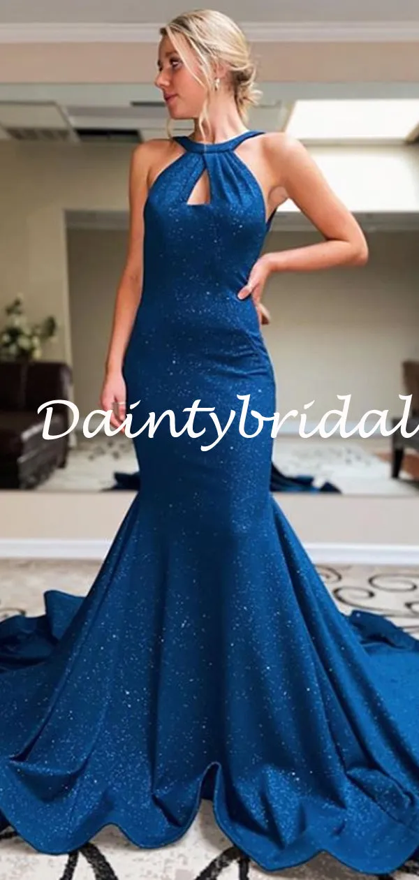 Sexy Halter Mermaid Satin Open Back Prom Dresses Evening Dresses.DB10794