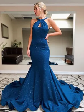 Sexy Halter Mermaid Satin Open Back Prom Dresses Evening Dresses.DB10794