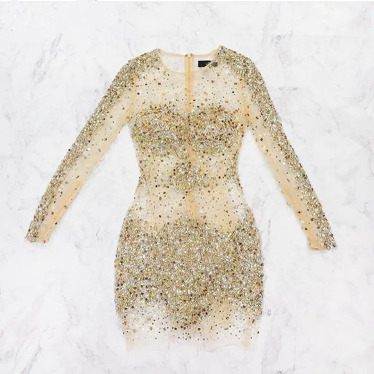 Sexy Rhinestone Sequins Clairvoyant Outfit Long Illusion Sleeve Sheath Mini Homecoming Dress,BD0112