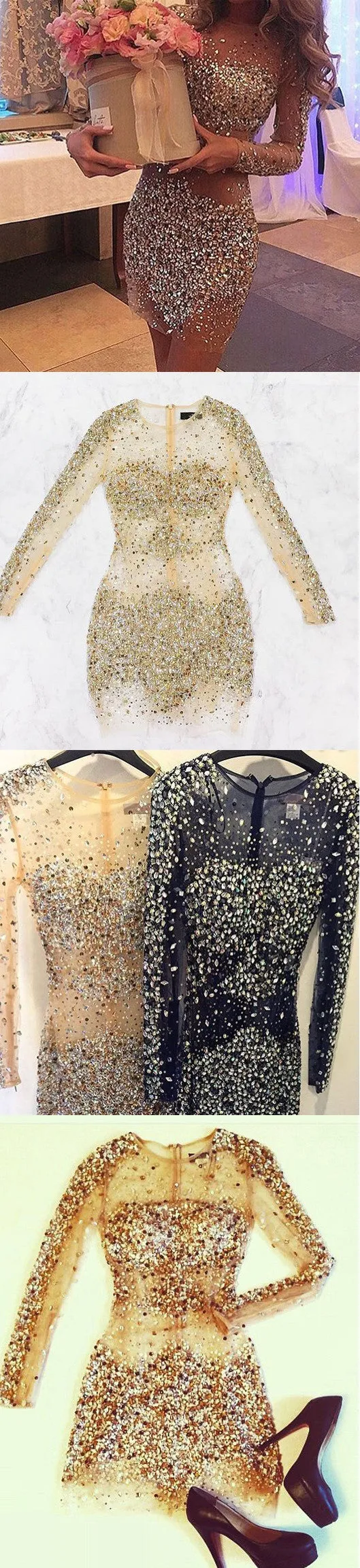 Sexy Rhinestone Sequins Clairvoyant Outfit Long Illusion Sleeve Sheath Mini Homecoming Dress,BD0112