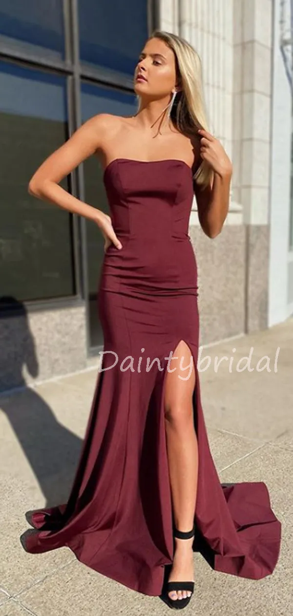 Sexy Straight Side Slit Satin Mermaid Long Prom Dresses Evening Dresses.DB10547