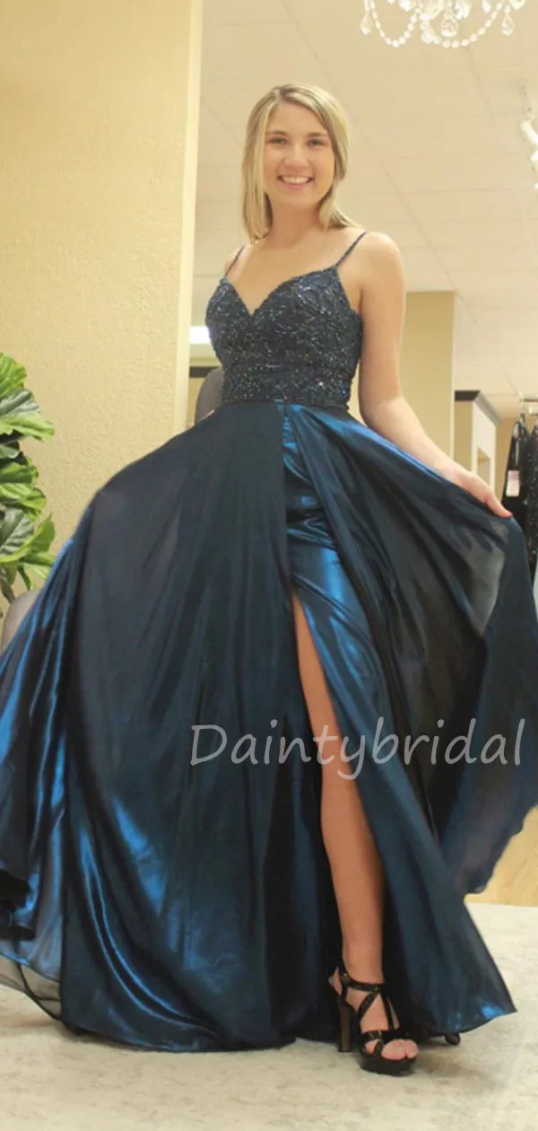 Sexy V-neck A-line Side Slit Long Prom Dresses Evening Dresses.DB10433