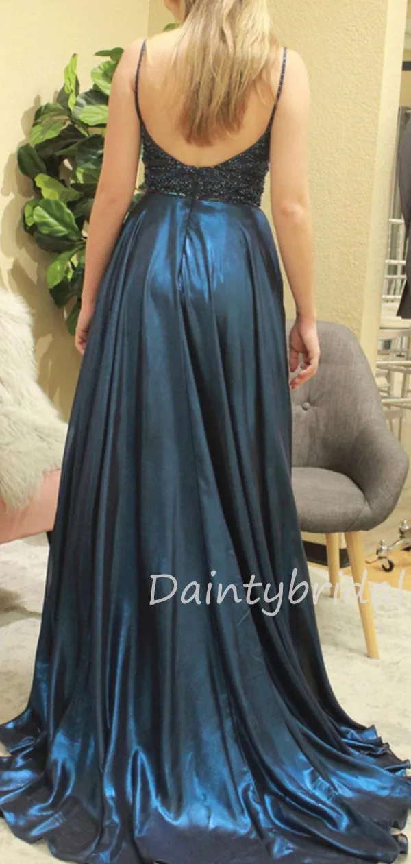 Sexy V-neck A-line Side Slit Long Prom Dresses Evening Dresses.DB10433