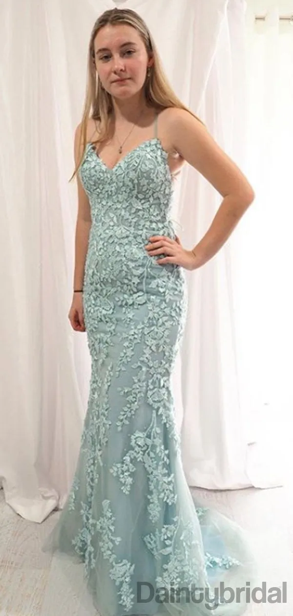 Sexy V-neck Lace Mermaid Zipper Up Long Prom Dresses Evening Dresses.DB10232