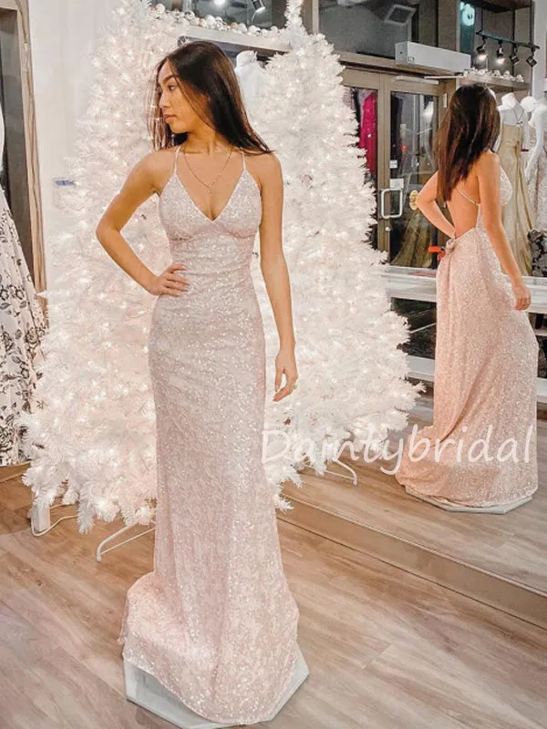 Sexy V-neck Lace Sequin Open Back Mermaid Long Prom Dresses Evening Dresses.DB10501