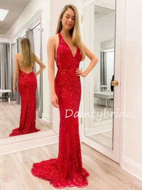 Sexy V-neck Mermaid Halter Open Back Fashion Prom Dresses Evening Dresses.DB10495