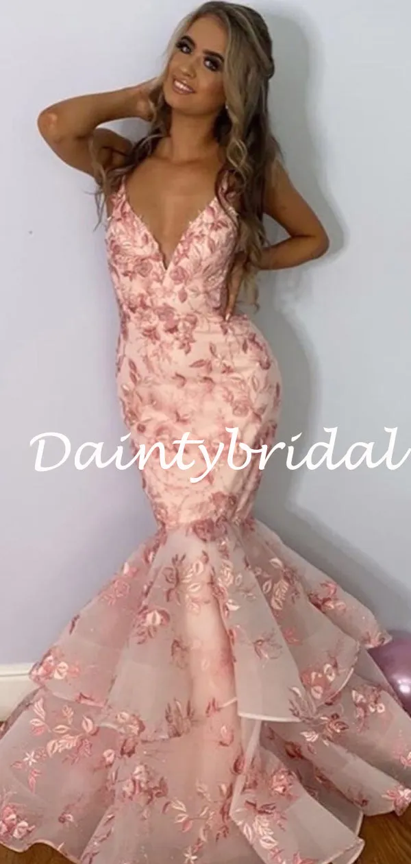 Sexy V-neck Mermaid Lace Tulle Prom Dresses Evening Dresses.DB10787