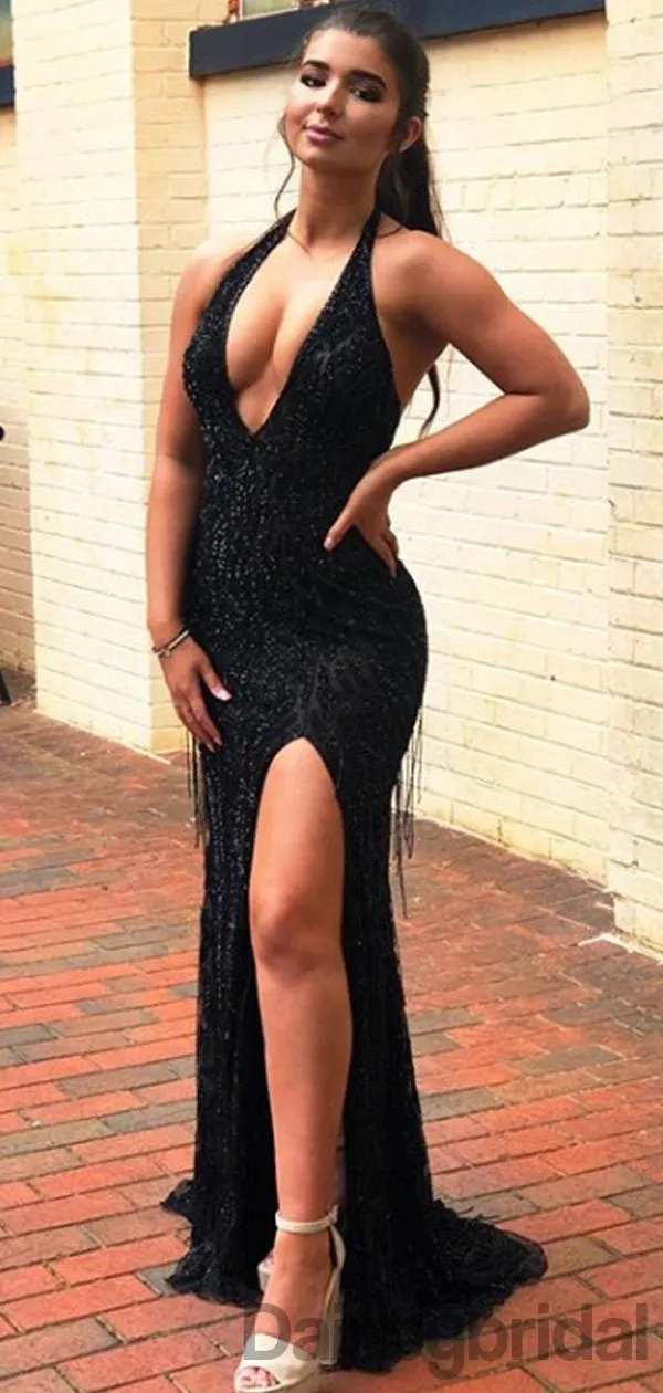 Sexy V-neck Mermaid Open Back Side Slit Long Prom Dresses Evening Dresses.DB10299