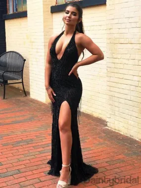 Sexy V-neck Mermaid Open Back Side Slit Long Prom Dresses Evening Dresses.DB10299