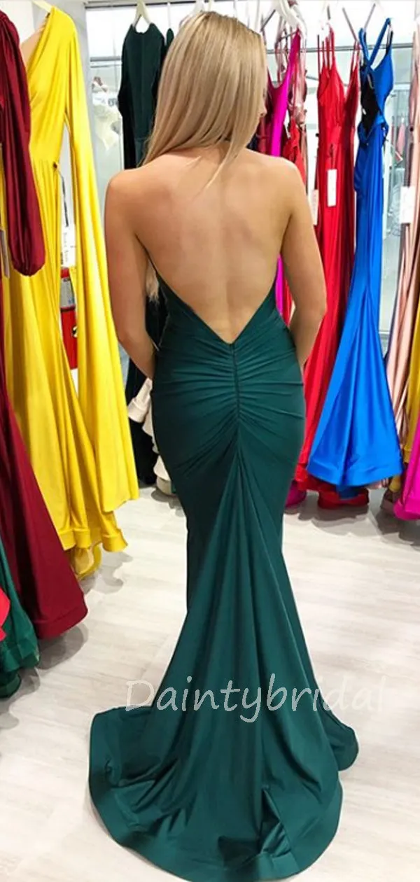 Sexy V-neck Mermaid Satin Open Back Long Prom Dresses Evening Dresses.DB10373