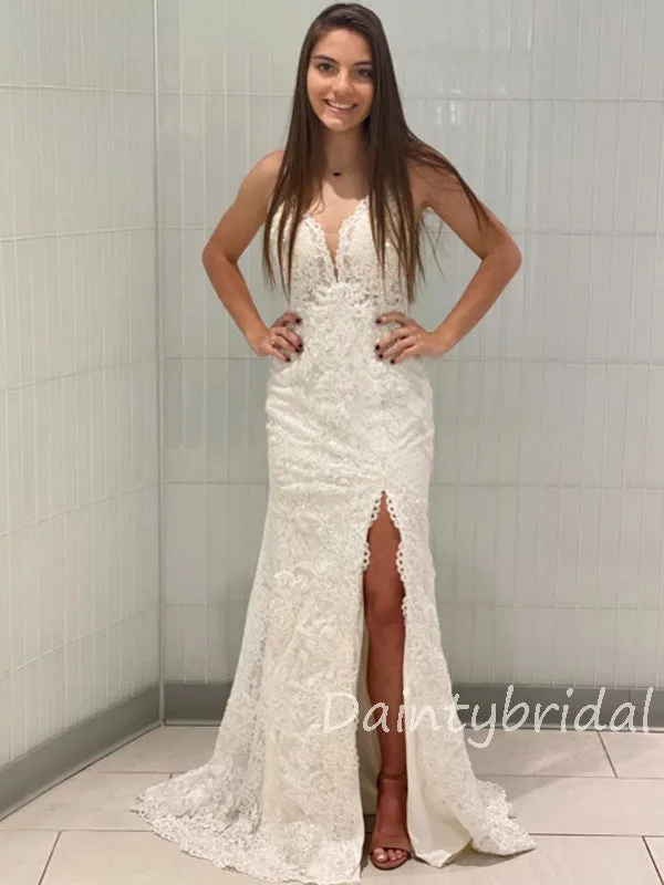 Sexy V-neck Open Back Lace Side Slit Long Prom Dresses Evening Dresses.DB10374