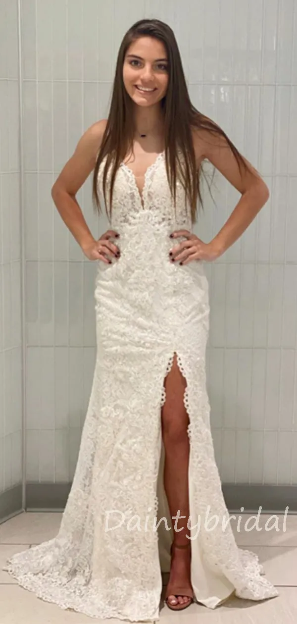 Sexy V-neck Open Back Lace Side Slit Long Prom Dresses Evening Dresses.DB10374