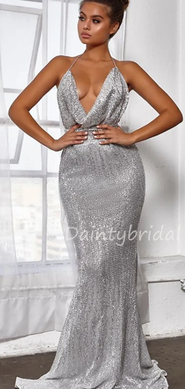 Sexy V-Neck Sequin Mermaid Long Prom Dresses Evening Dresses.DB10503