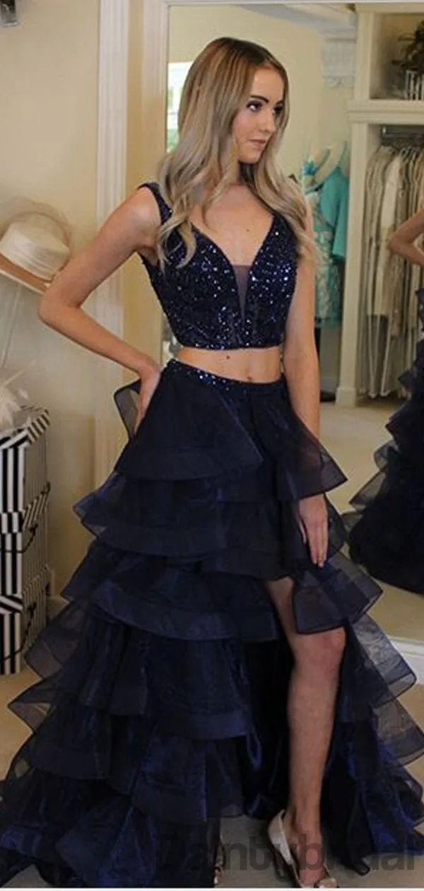 Sexy V-neck Two-piece A-line Side Slit Long Prom Dresses Evening Dresses.DB10302