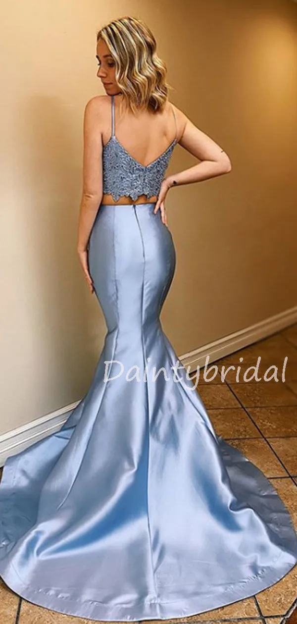 Sexy V-neck Two-piece Mermaid Satin Long Prom Dresses Evening Dresses.DB10545