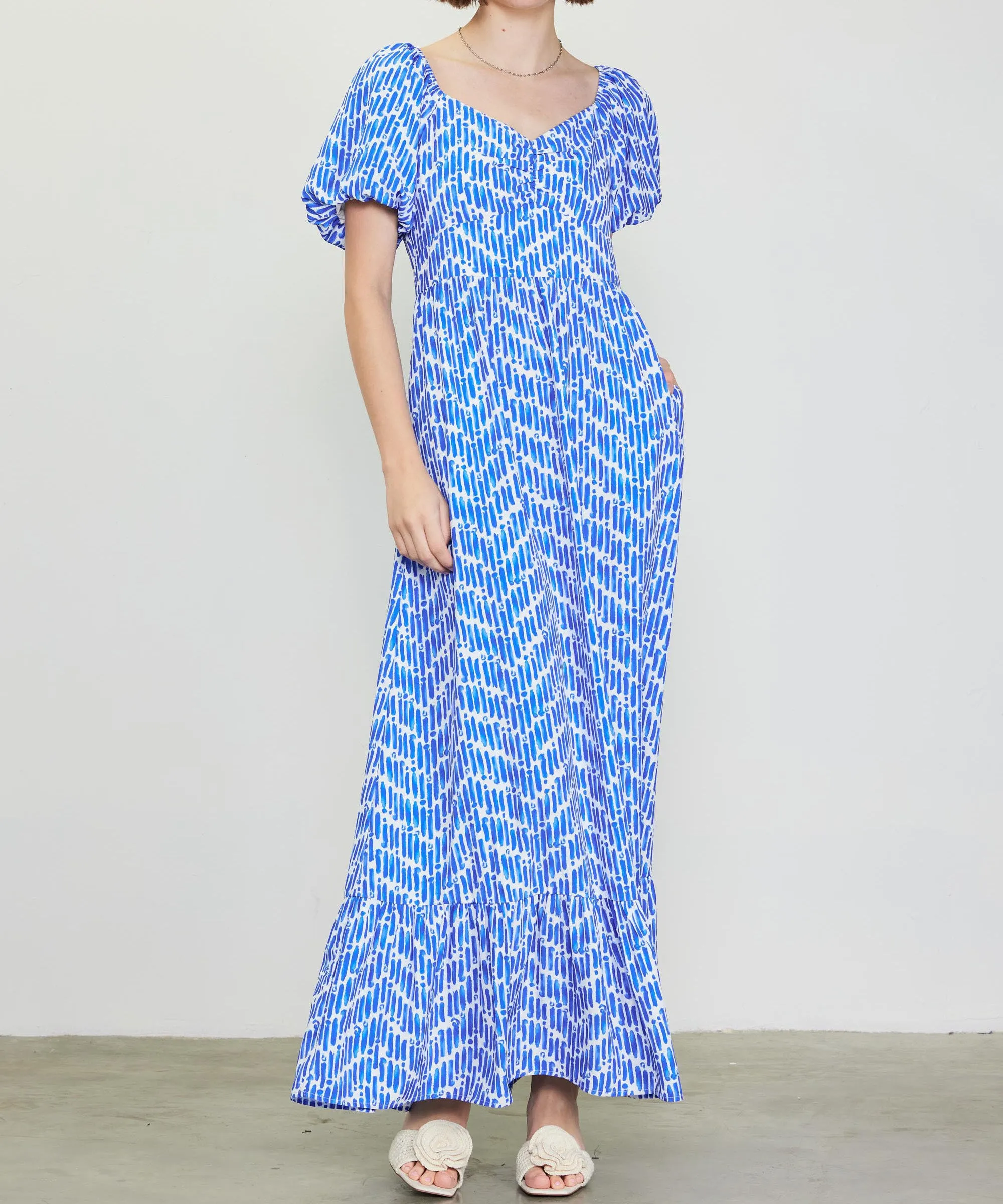 Short Sleeve Smocked Back Maxi Dress - Blue