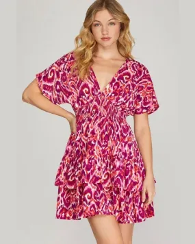 Short Sleeve Woven Print Tiered Dress