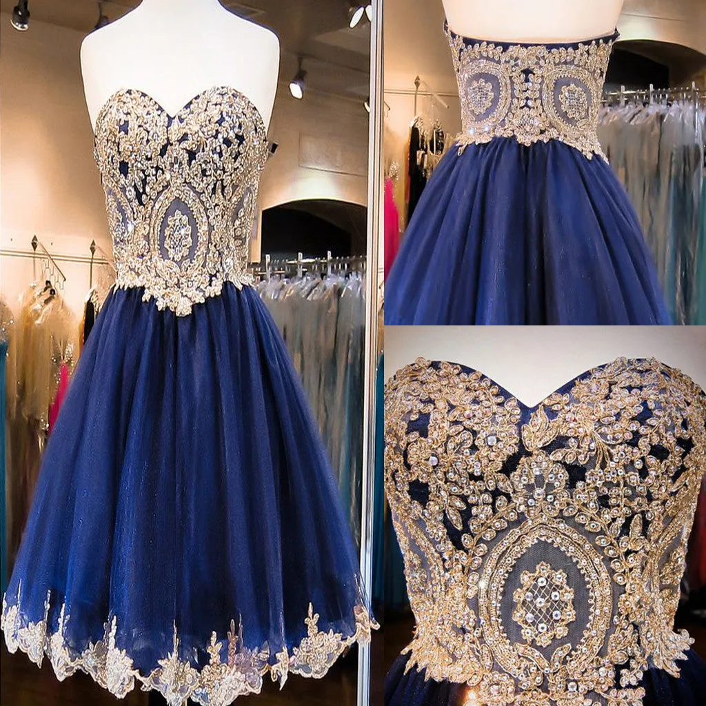 Short  Sweetheart Sleeveless Lace Rhinestone Beads Royal Blue Appliques Open Back Chiffon  Homecoming Dress,BD0115