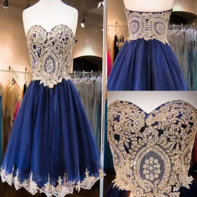 Short  Sweetheart Sleeveless Lace Rhinestone Beads Royal Blue Appliques Open Back Chiffon  Homecoming Dress,BD0115