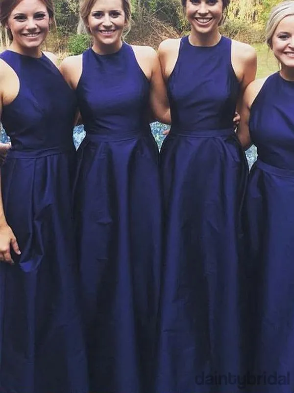 Simple Navy Blue Sleeveless Satin Jewel Floor Length Long Bridesmaid Dress.DB10011