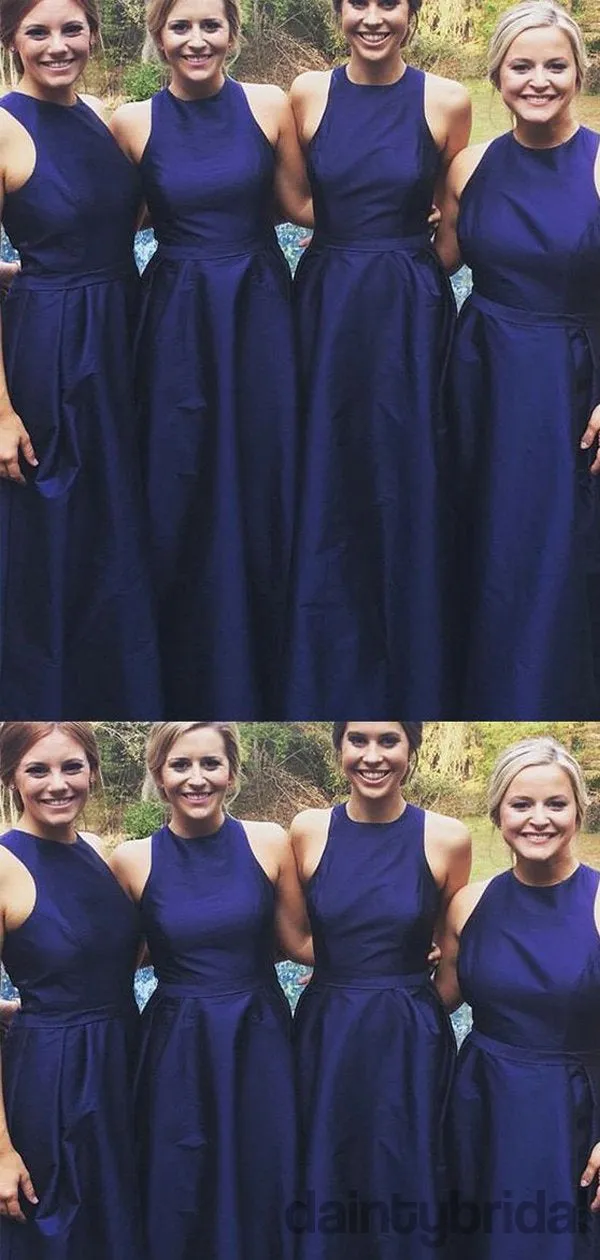 Simple Navy Blue Sleeveless Satin Jewel Floor Length Long Bridesmaid Dress.DB10011