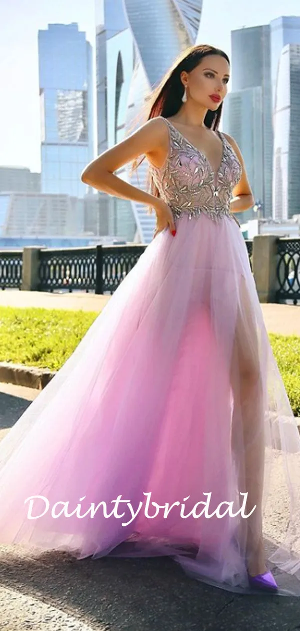 Simple V-neck Side Slit Tulle Prom Dresses Evening Dresses.DB10823