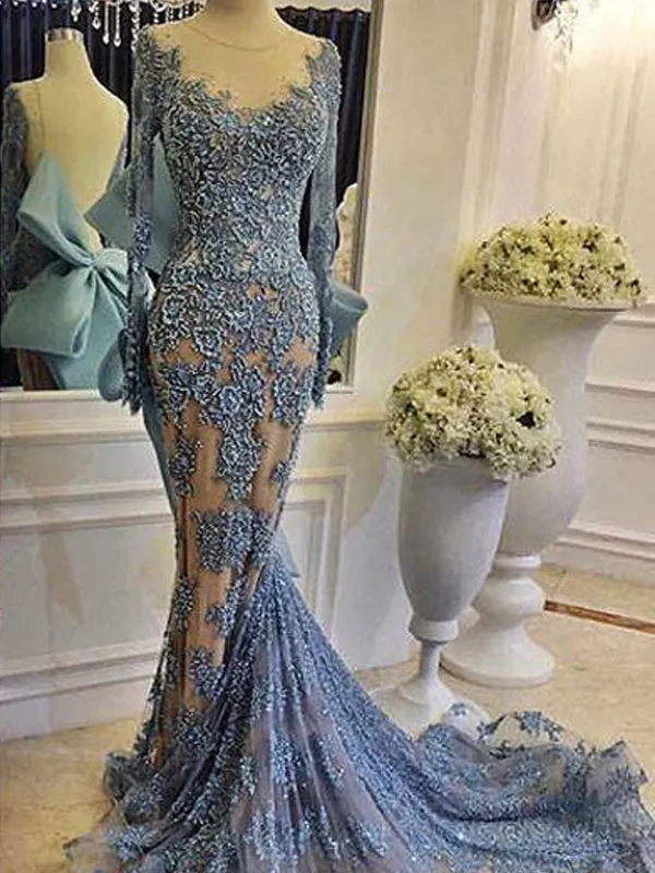 Sky Blue Lace Long Sleeve Mermaid Bowknot Prom Dresses, DB1094