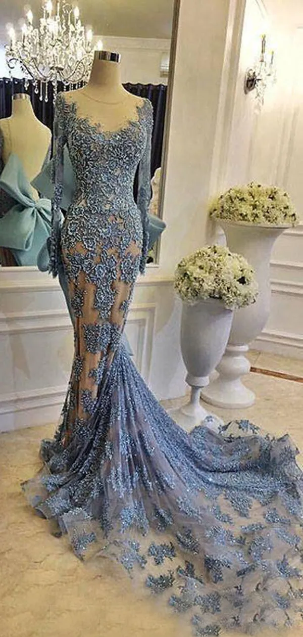 Sky Blue Lace Long Sleeve Mermaid Bowknot Prom Dresses, DB1094