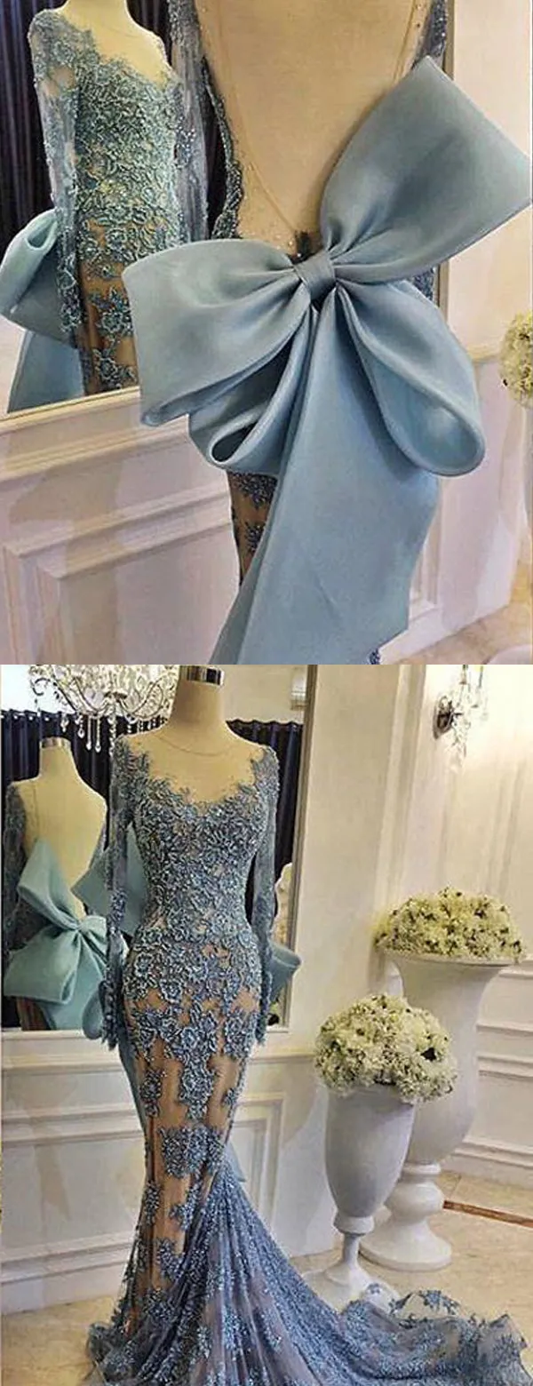 Sky Blue Lace Long Sleeve Mermaid Bowknot Prom Dresses, DB1094