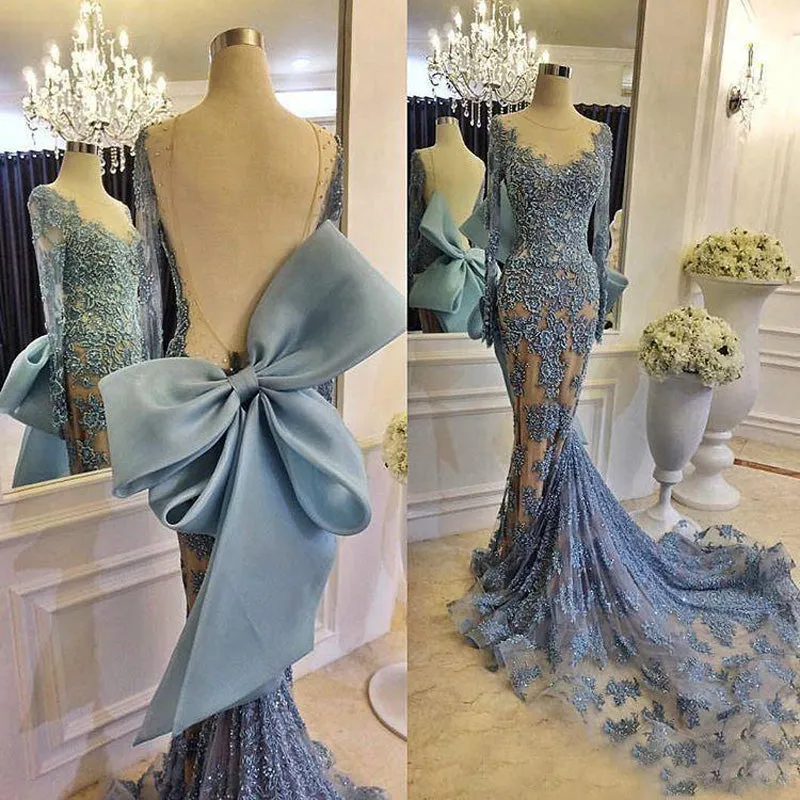 Sky Blue Lace Long Sleeve Mermaid Bowknot Prom Dresses, DB1094