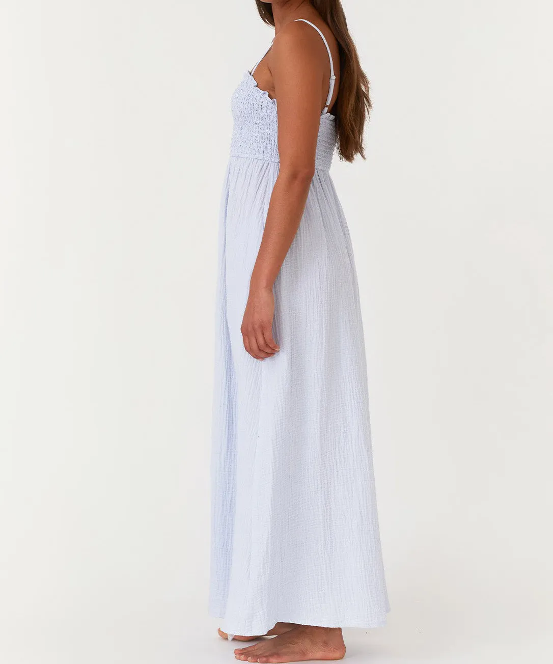 Smocked Button Front Maxi Dress - Dusty Blue