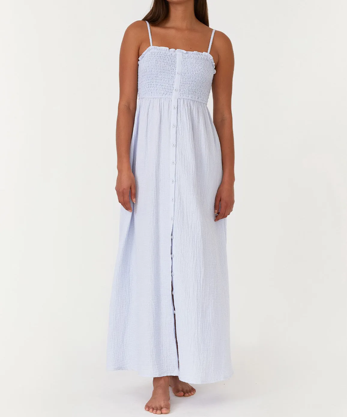 Smocked Button Front Maxi Dress - Dusty Blue