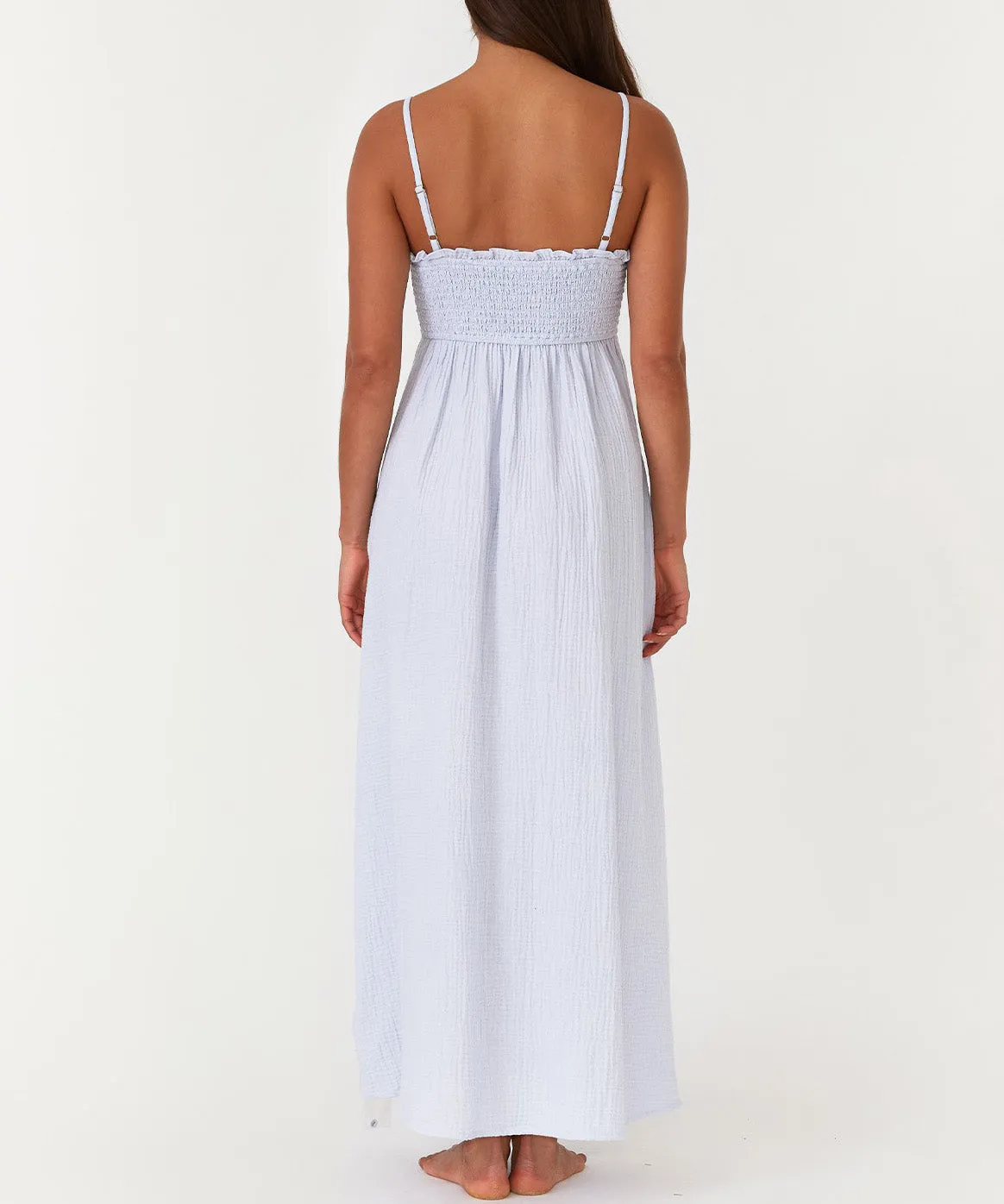 Smocked Button Front Maxi Dress - Dusty Blue