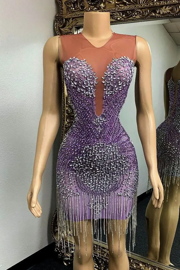 Soty Purple Diamante Tassel Dress