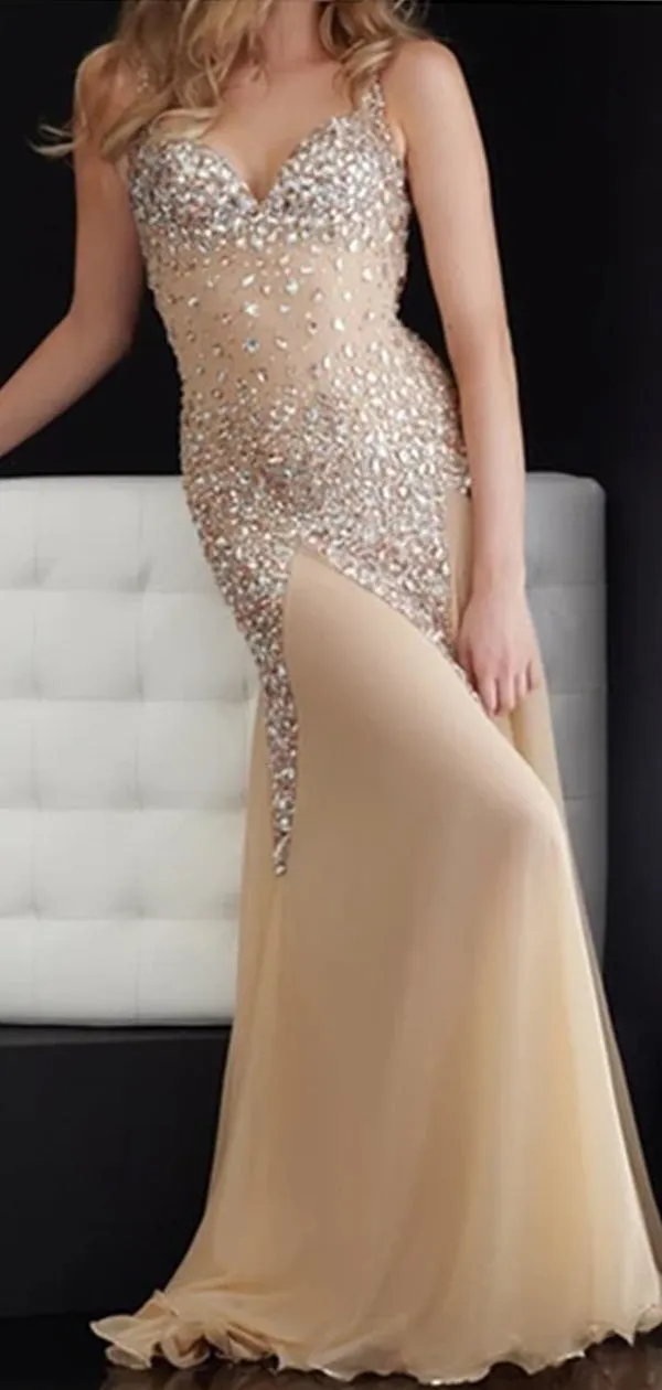 Sparkle V-neck Sleeveless Open Back Mermaid Prom Dresses,PD0037