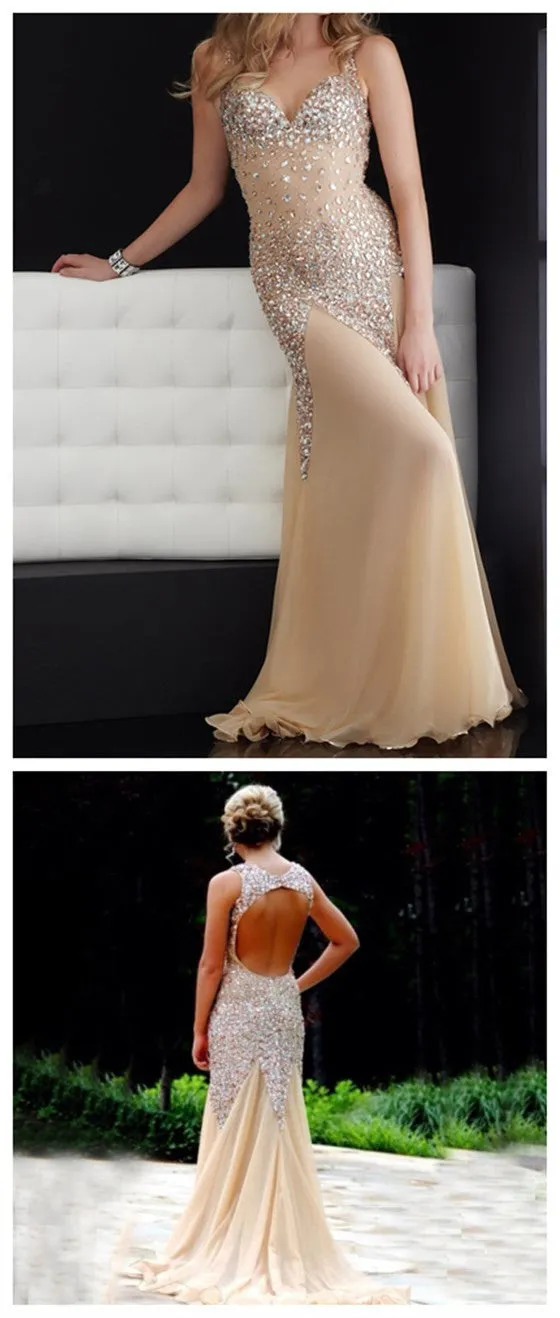 Sparkle V-neck Sleeveless Open Back Mermaid Prom Dresses,PD0037