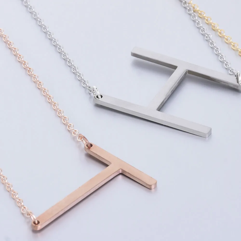 Stainless steel large initial necklace oversized letter alphabet Rose Gold Sideways Initial Necklace Christmas Gift  Monogram 1p