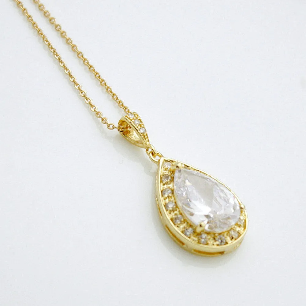 Teardrop Necklace in 14K Gold & Cubic Zirconia for Brides & Bridesmaids-Evelyn