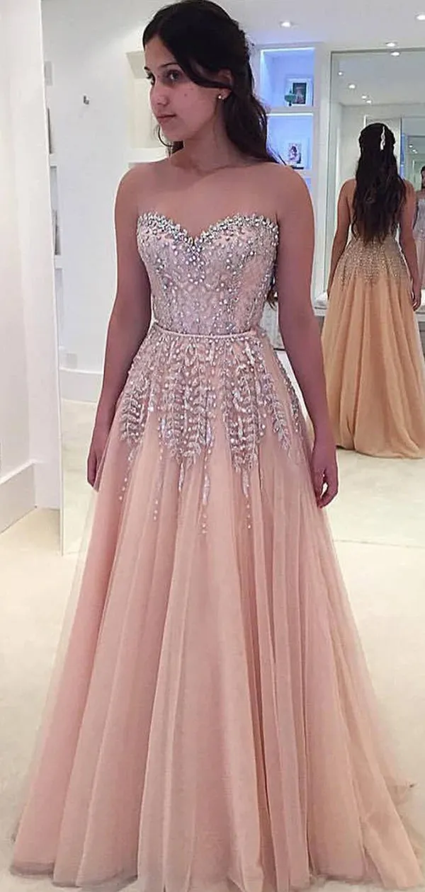 Two Piece Beaded Sweetheart Strapless Tulle Gorgeous Prom Dresses DB1058