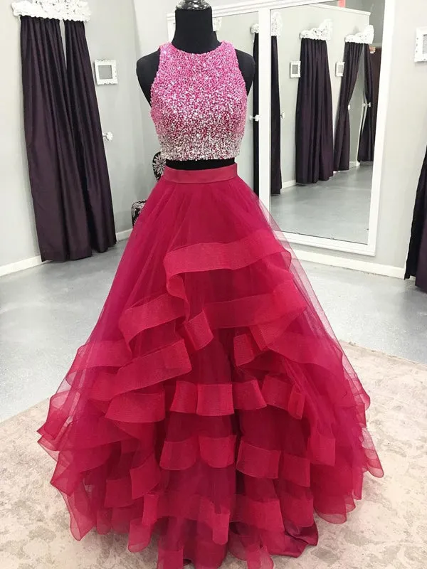 Two Piece Beading Red Ruffles Ball Gown Prom Dresses, DB1099